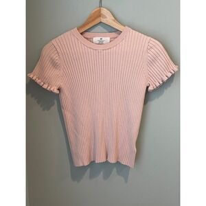 HM Pink Ribbed Knit Short Sleeve Ruffle Trim Top US 8/10 Girls 765711